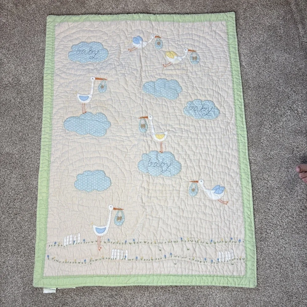 Pottery Barn Kids Stork Quilt Unisex Baby Nursery  Shabby Chic Cottage Whimsical